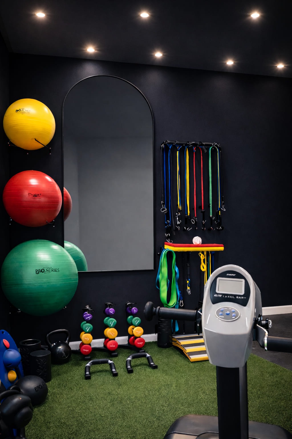 Rehabilitation gym with therapy balls, resistance bands and free weights